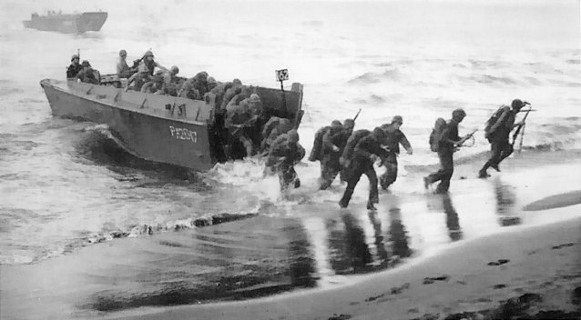 Marines landing on a Pacific island during WWII